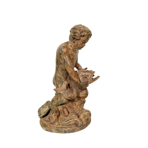  Kneeling Putto holding Fish Fountain Bronze Sculpture 