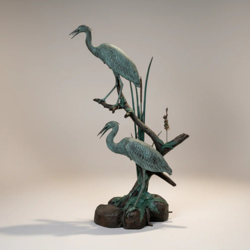 Two Crane Birds in Reeds Fountain Bronze Sculpture