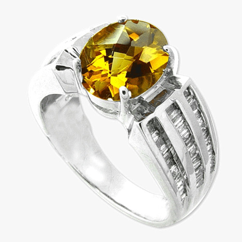 14K White Gold Citrine Baguette Diamond Ring
