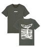 Front and back of a khaki t-shirt with large white orca tail on the back and 'Orca & Olive' box logo on the front.