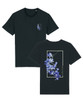 Black t-shirt with large orchid print on the back and small left chest orchid print on the front.