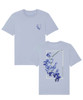 Serene blue t-shirt with large orchid print on the back and small left chest orchid print on the front.
