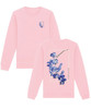 Cotton pink sweatshirt with large orchid print on the back and small left chest orchid print on the front.
