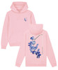 Cotton pink hoodie with large orchid print on the back and small left chest orchid print on the front.
