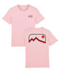 Cotton pink t-shirt with large geometric mountain design on the back and small centre chest geometric mountain design on the back.