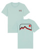 Caribbean blue t-shirt with large geometric mountain design on the back and small centre chest geometric mountain design on the back.