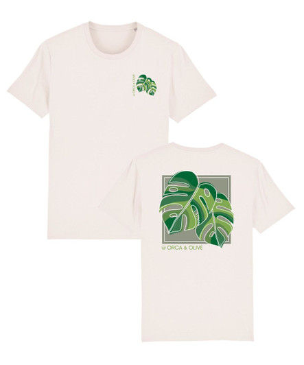 Vintage white t-shirt with large palm leaves print on the back and small left chest palm leaves design on the front.