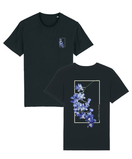 Black t-shirt with large orchid print on the back and small left chest orchid print on the front.