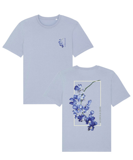 Serene blue t-shirt with large orchid print on the back and small left chest orchid print on the front.