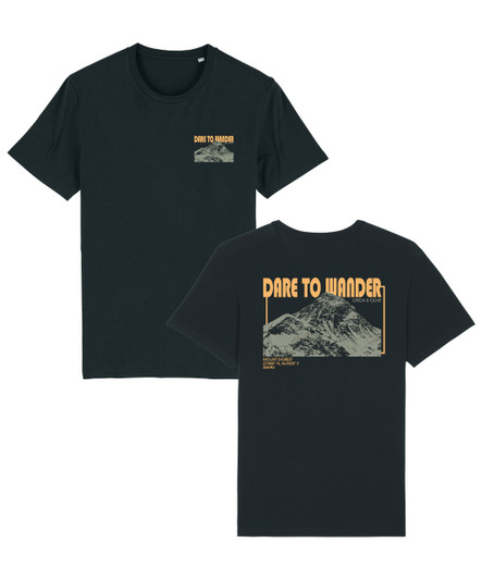 Black t-shirt with large dare to wander print on the back and small left chest dare to wander print on the front.