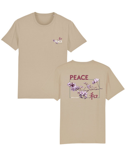 Desert dust t-shirt with large peace print on the back and small left chest peace print on the front.