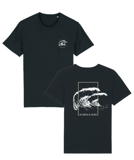 Black t-shirt with large wave print on the back and small left chest wave print on the front.