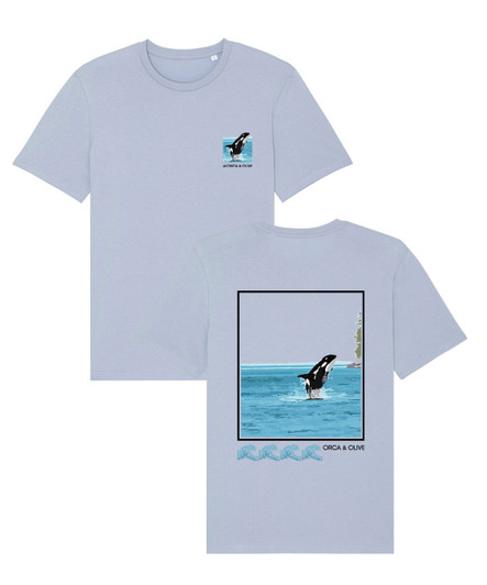 Serene blue t-shirt with large orca print on the back and small left chest orca print on the front.