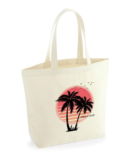 Natural maxi tote bag with palm tree design in the centre.