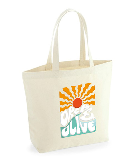 Natural maxi tote bag with sun and waves design in the centre.