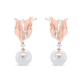 14K Rose Gold 1/6 Cttw Round Diamond and 8mm Round Pearl Floral Drop Stud Earrings (H-I Color, I1-I