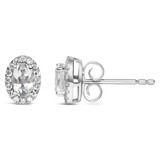 10K White Gold 5x3 MM Oval White Topaz and Diamond Halo Stud Earrings (I-J Color, I1-I2 Clarity)