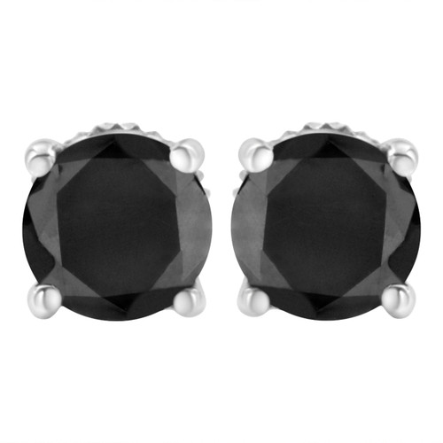 14K White Gold 3.00 Cttw Round Brilliant-Cut Black Diamond Classic 4-Prong Stud Earrings with Screw