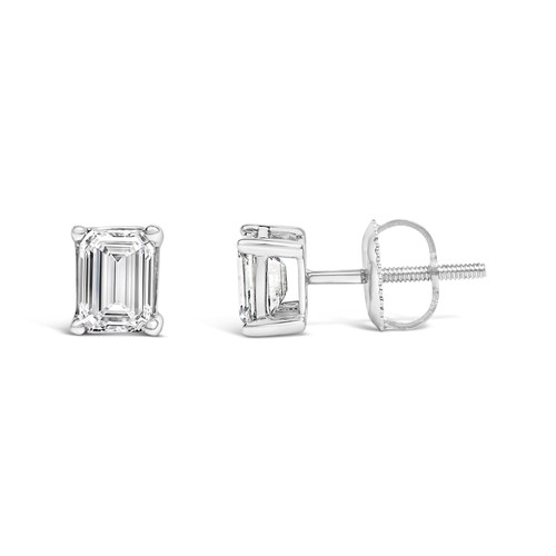 14K White Gold 1 1/2 Cttw Emerald Cut Lab-Grown Diamond Solitaire Stud Earrings (F-G Color, VS1-VS2