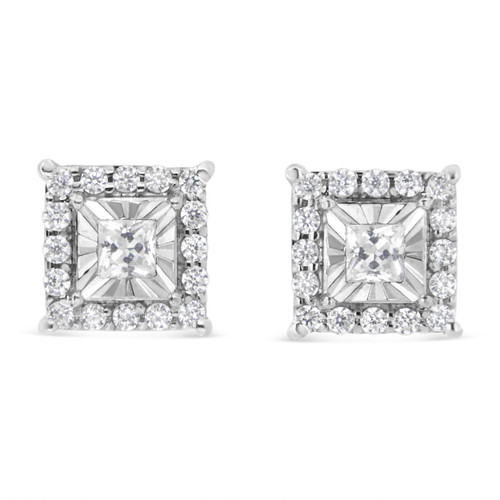 .925 Sterling Silver 1/4 Cttw Princess and Round Cut Diamond Halo Stud Earrings (I-J Color, I2-I3 C