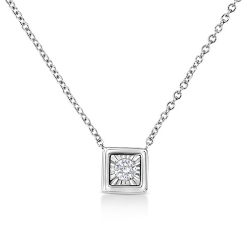 10K White Gold 1/10 Cttw Miracle Set Round-Cut Diamond Square Shape 18" Pendant Necklace (H-I Color