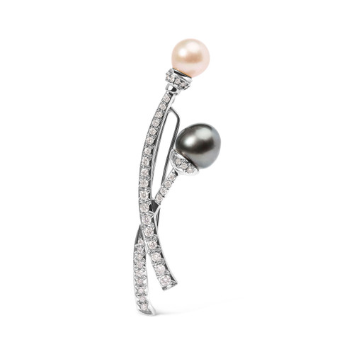 18K White Gold 3/5 Cttw Diamond and Cultured South Sea Black and White Pearl Brooch Pin (H-I Color,