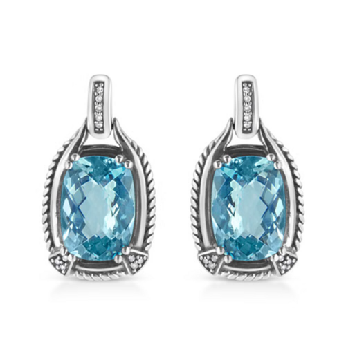 .925 Sterling Silver 14x10MM Cushion Cut Blue Topaz Gemstone and Diamond Accent Dangle Earring (I-J