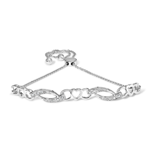 .925 Sterling Silver 1/10 Cttw Diamond Heart Link Adjustable Bolo Bracelet (I-J Color, I2-I3 Clarit