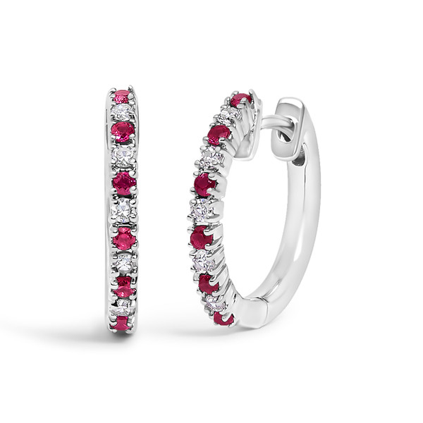 10K White Gold Alternating Diamond and Red Ruby Huggy Hoop Earrings (I-J Color, I1-I2 Clarity)
