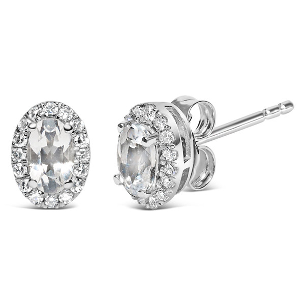 10K White Gold 5x3 MM Oval White Topaz and Diamond Halo Stud Earrings (I-J Color, I1-I2 Clarity)