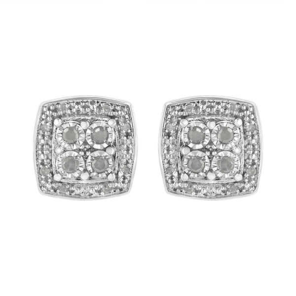 .925 Sterling Silver 1/4 cttw Round Cut Diamond Square Shape Milgrain Stud Earrings (I-J Color, I3 