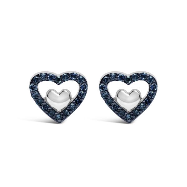 925 Sterling Silver 1/6 Cttw Blue Diamond Open Double Heart Stud Earrings (Treated Blue Color, I3 C