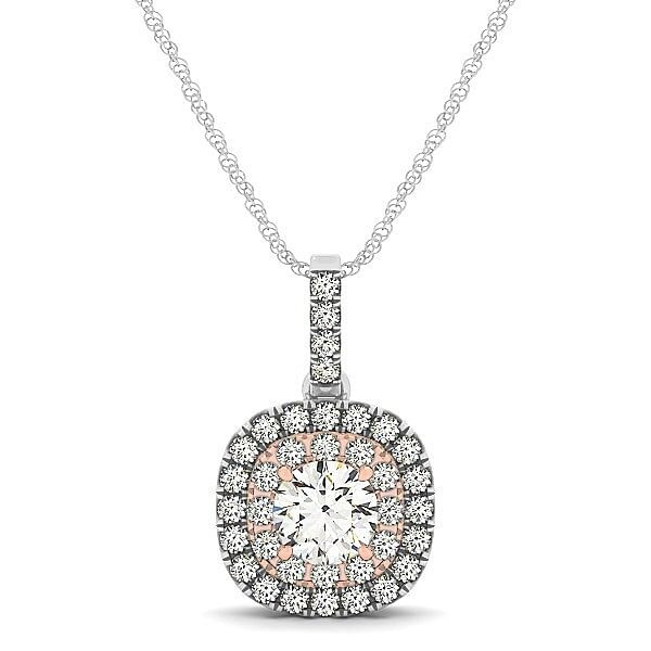 14k White And Rose Gold Cushion Shape Halo Diamond Pendant (1/2 cttw)
