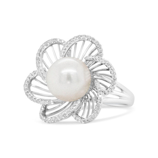 14K White Gold 11mm Round Pearl and 1/3 Cttw Round Diamond Openwork Flower Blossom Ring (H-I Color,