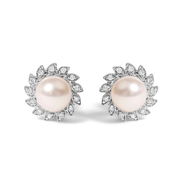 10K White Gold Heirloom-Style Pearl and Diamond Accent Halo Stud Earrings (I-J color, I1-I2 Clarity)
