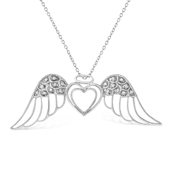 .925 Sterling Silver Pave-Set Diamond Accent Angel Wing 18" Double Heart Pendant Necklace (I-J Colo