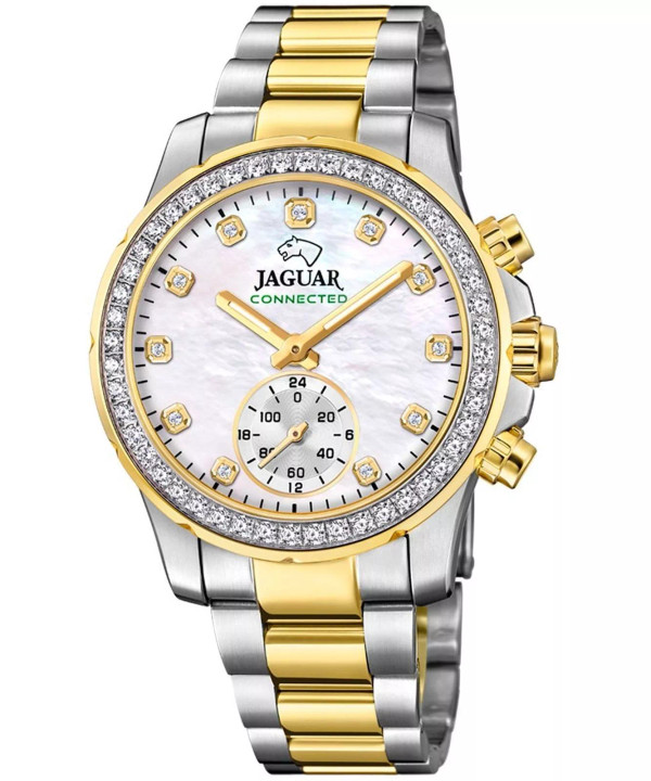 Authentic Jaguar J982/1 women’s connected quartz watch with two-tone stainless steel bracelet and white dial.