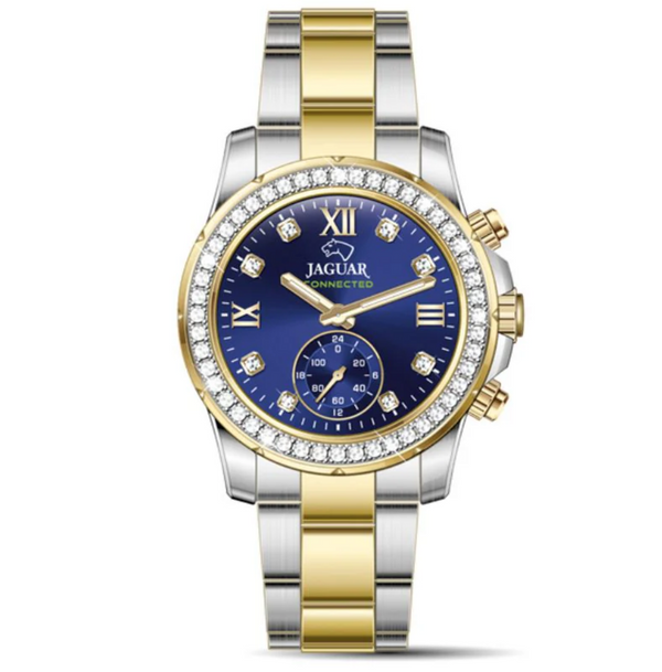 Jaguar J982/3 women’s connected quartz watch with blue dial and two-tone stainless steel bracelet.