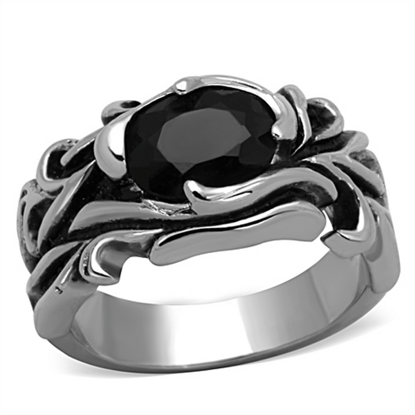 High Polished (no Plating) Stainless Steel Ring With Synthetic Synthetic Glass In Jet