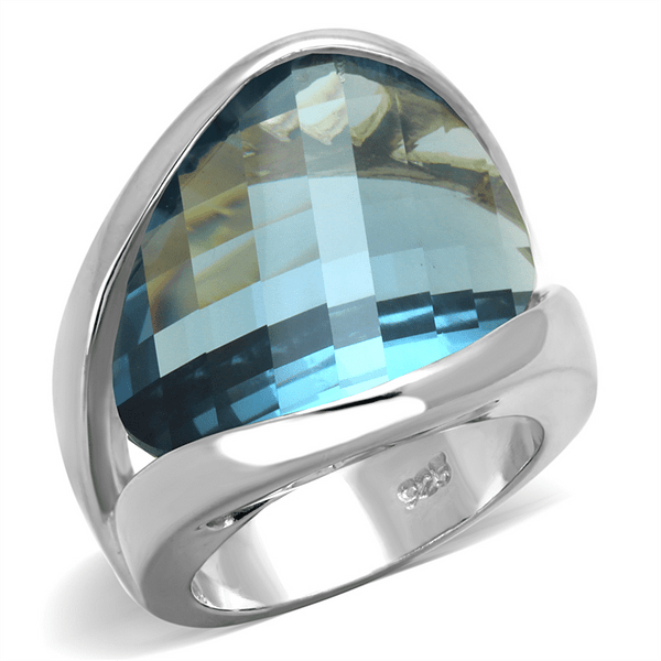 .925 Sterling Silver Ring With Synthetic Synthetic Glass In Sea Blue