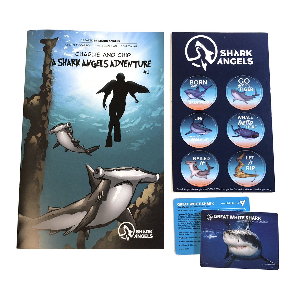 Comic Book & Shark Fact Cards with Free Shark Slogans Card