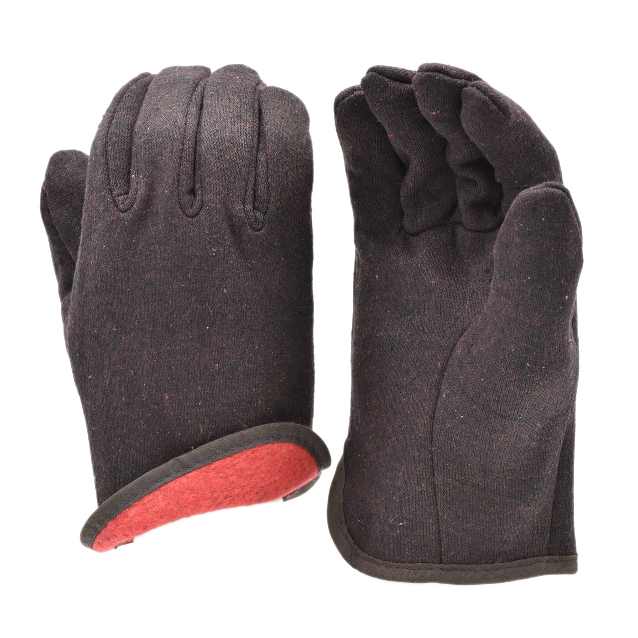 Brown Jersey Winter Work Gloves with Red Fleece Lining