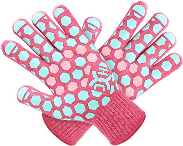 JH Heat Resistant Oven Glove, Regular Length, 10 Inch, Turquoise and Pink