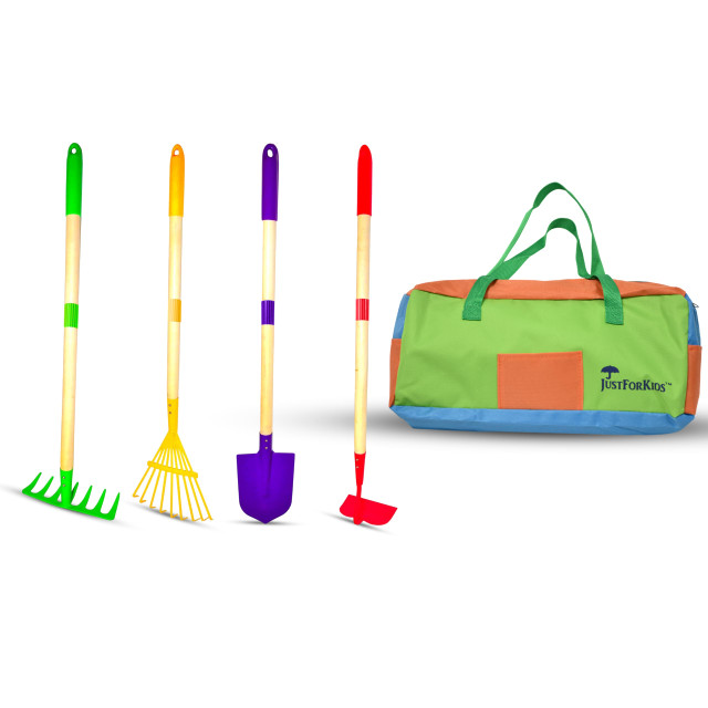 10019 JustForKids Kids Garden Tool Set, detachable, Portable 4-Piece Multicolored Set for Gardening, with Travel Bag, Ages 5+