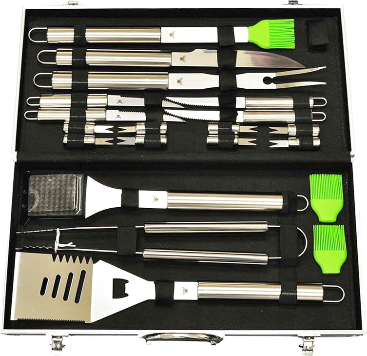 20-Piece Stainless Steel BBQ Tool Set: Robust, Durable, Heavy-Duty Grilling Kit in Portable Aluminum Case, Dishwasher-Safe