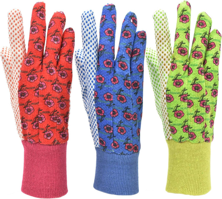 3-Pairs Women's Soft Jersey Garden & Work Gloves - Green/Red/Blue.