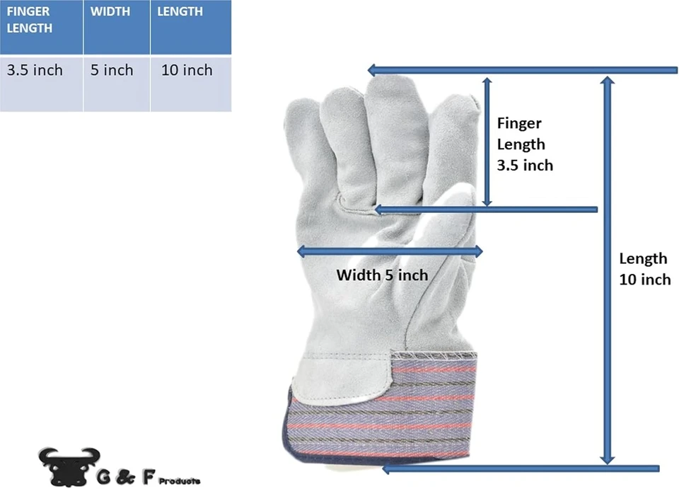 G & F Products Cowhide Leather Work Gloves with Suede Finish Palm rubberized safety cuff, 5 Pairs