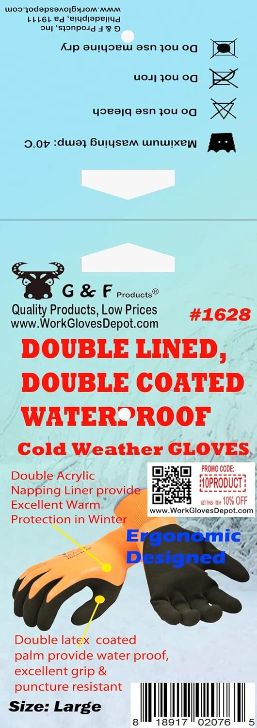 Waterproof winter work gloves with double thermal shell and latex-coated palm — alternate view 3