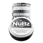 NuBz Clear 6mg can propped against a wrapped multi-can roll, lid label facing forward