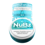 Single NuBz Wintergreen 6mg can facing forward in front of a stack of matching teal cans